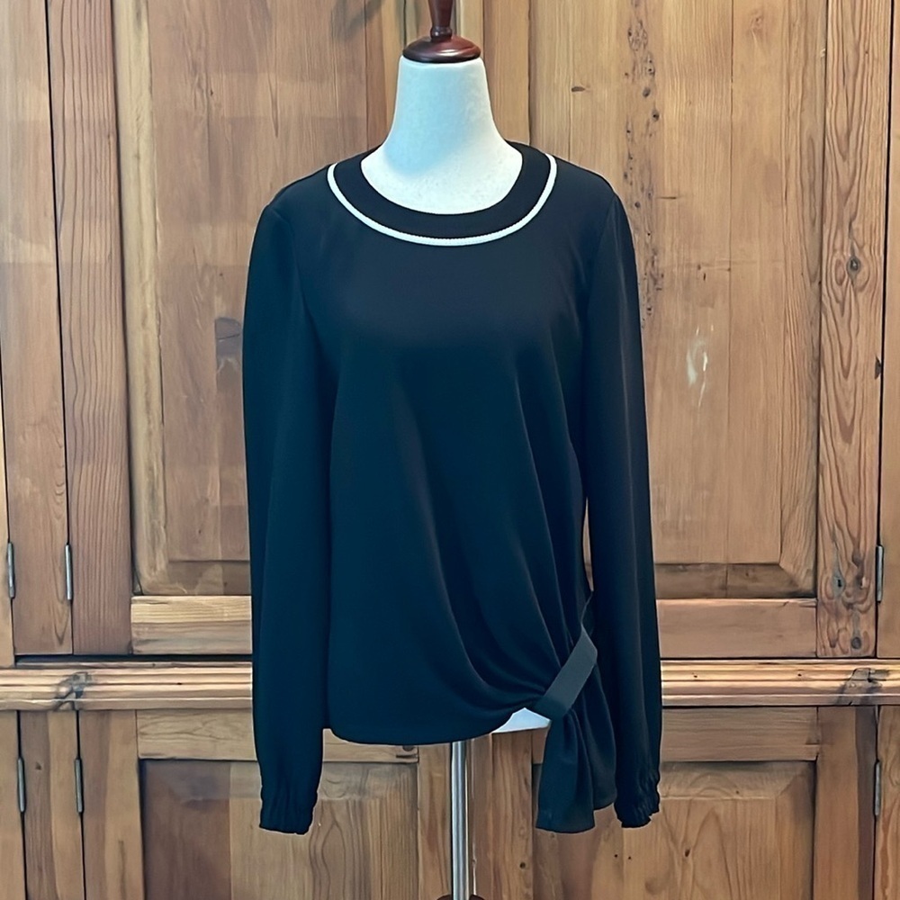 Grey Lab Pop Collar Black Blouse w/striped rib neckline Sz. 6